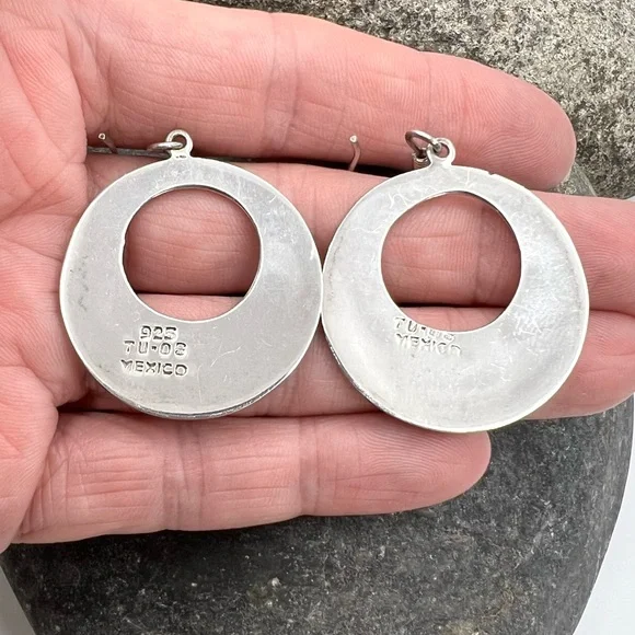 Vintage Mexico Sterling Silver Crushed Faux Turquoise Inlay Dangle Earrings - Picture 4 of 4